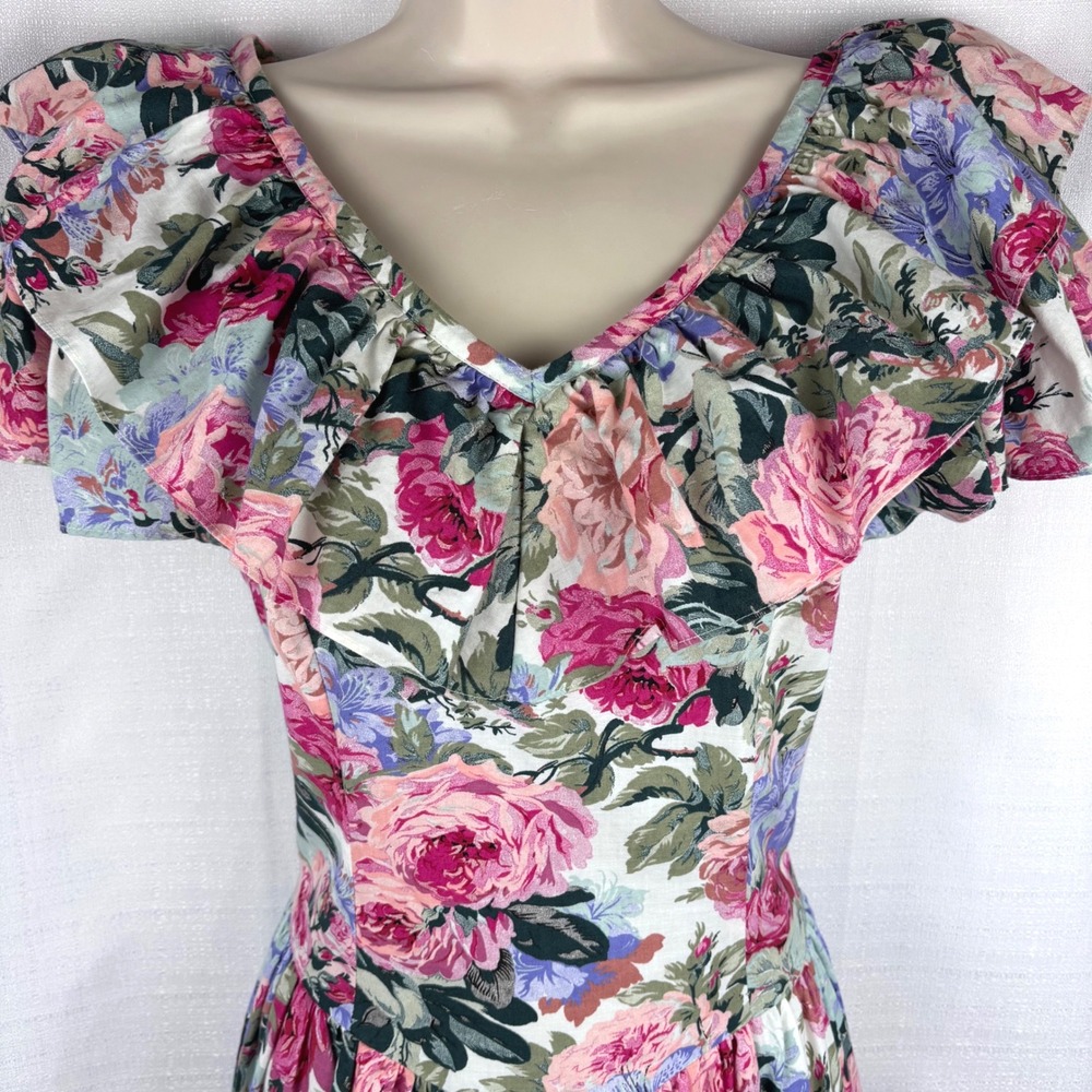 Vintage Positive Attitude Floral Ruffle Dress Cabbage Rose Short Sleeve Sz 11/12